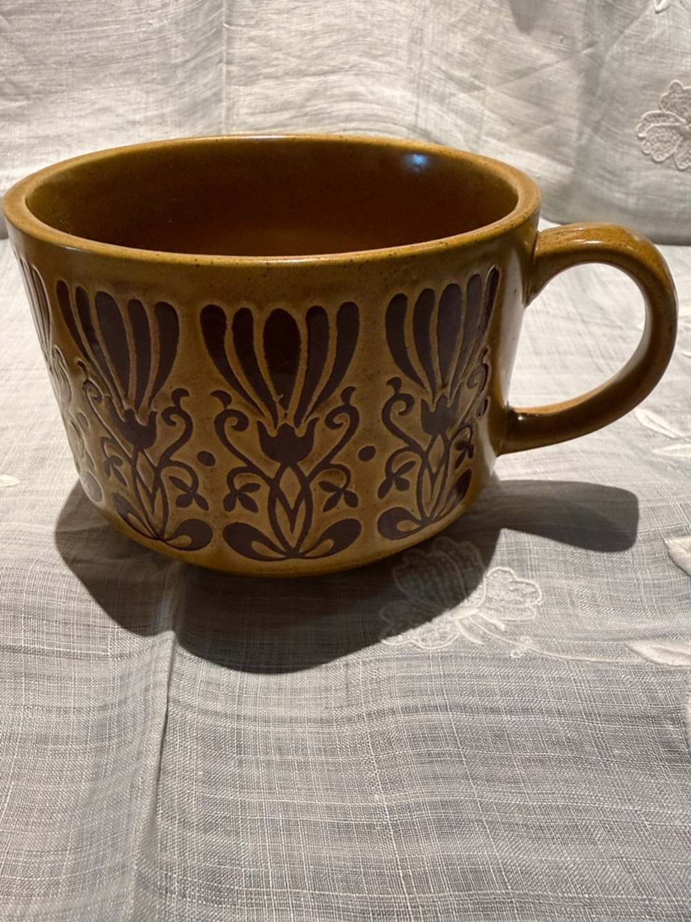 Vintage 1970s Stoneware Soup Mugs Set of 2 Brown Floral Speckled Pottery - Picture 9 of 10